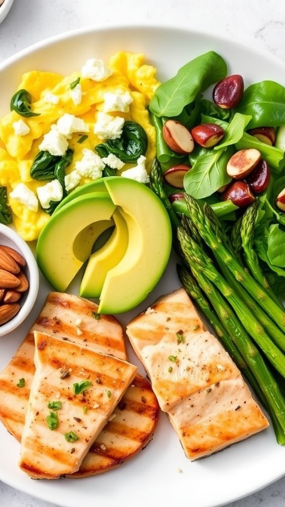 A low carb meal plate with scrambled eggs, grilled chicken salad, baked salmon, and almonds.